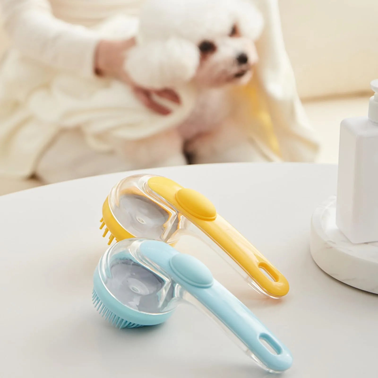 Pet Bath Brush with Shampoo Dispenser – Silicone Grooming Massage Brush