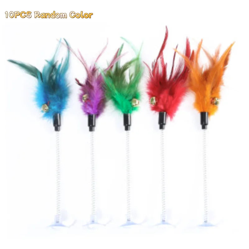 New Cat Funny Cat Stick Steel Wire Long Pole Feather Cute Cat Toy Kitten Fishing Rotating Self-Pleasure Relief Pet Toy